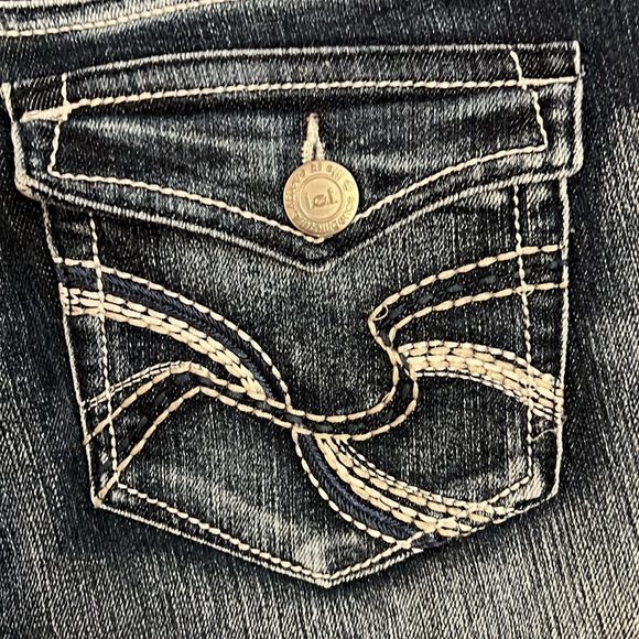 Y2K LEI Sophia Hipster Flare Jean Blue Embroidery Whispered Flap Pockets 13S/29L - Picture 2 of 13